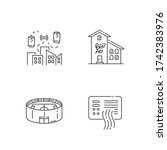 City buildings pixel perfect linear icons set. Network coverage. Urban wifi zone. Green building. Customizable thin line contour symbols. Isolated vector outline illustrations. Editable stroke