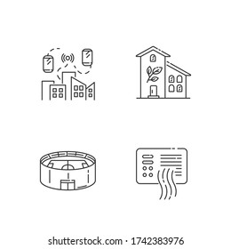 City buildings pixel perfect linear icons set. Network coverage. Urban wifi zone. Green building. Customizable thin line contour symbols. Isolated vector outline illustrations. Editable stroke