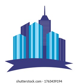  City buildings, real estate logo, space for text or company name, blue color, vector illustration. 