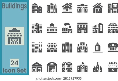City buildings and real estate solid glyph vector icon set with hotel, government house, factory, stadium, warehouse, and residential home elements