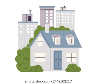 City buildings, real estate. Urban architecture. Cityscape. City skyscrapers. 
Cozy residential cottage among green vegetation. Vector illustration on white isolated background.