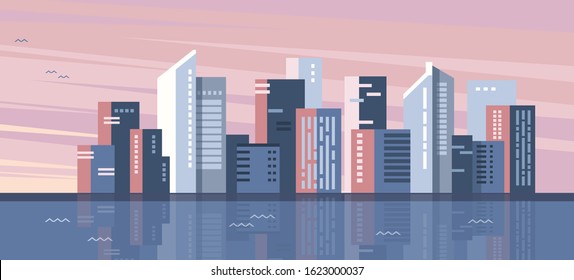 City buildings reflected in the water. Urban buildings and city architecture. Сityscape with sky at sunset or sunrise. Vector illustration.
