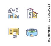 City buildings RGB color icons set. Network coverage. Urban wifi zone. Green building. Stadium for sport event. Pollution sensor. Smart city. Internet of things. Isolated vector illustrations