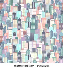 City buildings seamless pattern. Vector illustration. Pastel colors. City from above
