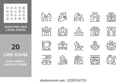 City buildings and services, thin line icon set 2 of 2. Outline symbol collection. Editable vector stroke. 64 and 256 Pixel Perfect scalable to 128px