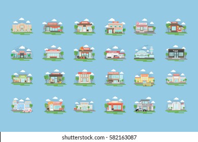 City buildings set. All kinds of buildings and organisations as bank and bar, barber shop and cafe, school and library and more.