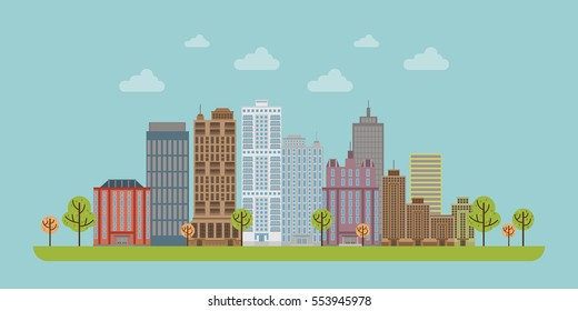 City buildings set. Green trees. Flat design