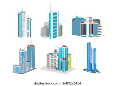 City buildings set. Hospital and school, store and house.
