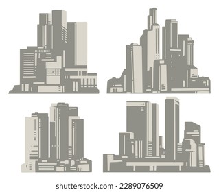 City buildings set logotypes monochrome with skyscrapers from downtown to advertise buying or renting real estate vector illustration