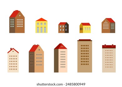 City buildings set multi-storey, cottage, villa. Abstract houses. Vector illustration in simple minimal geometric flat style. Each object is isolated separately on white background