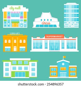 City Buildings Set. Shopping Mall, Circus, Office Building, Library, Supermarket, School