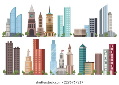 City buildings set. This is a flat design cartoon illustration set of city buildings. Vector illustration.