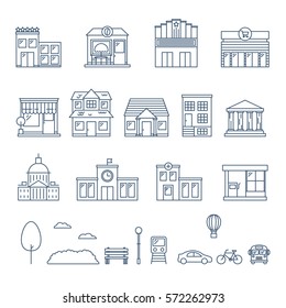 City and buildings set of vector icons, outline styl
