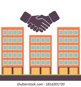 City buildings sign with handshake deal icon on a white background vector illustration. 