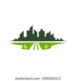 city buildings silhouette in a 2d straight line on a horizon by the fields. Green Eco-friendly environment and sustainable city. High population area. Logo for landscaping company or any business.