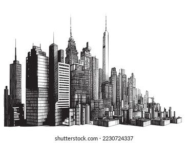 City buildings silhouette sketch hand drawn sketch, engraving style vector illustration.