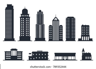 City buildings silhouette vector illustration isolated on white background. Black silhouettes of skyscrapers and low-rise buildings. Architectural constructions set. Eps 10.