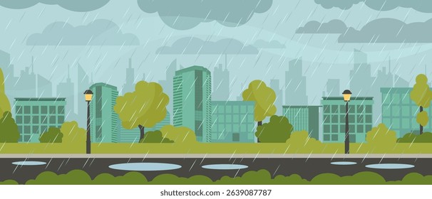 City buildings silhouetted in rain create a modern and colorful urban panorama with green highlights.