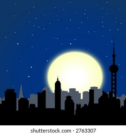 city buildings silhouettes on moon and stars sky background