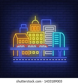 City buildings and sky train neon sign. Architecture, transport, downtown design. Night bright neon sign, colorful billboard, light banner. Vector illustration in neon style.