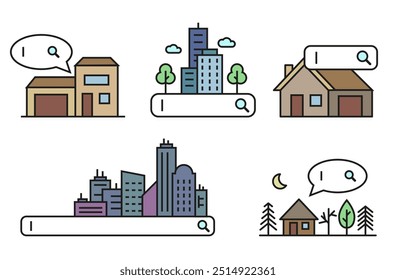 City buildings skyline color icons with outline. Urban background. Building search icons. EPS 10.
