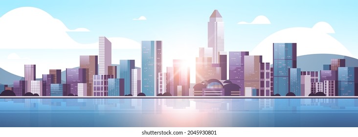 city buildings skyline modern architecture sunset cityscape background horizontal