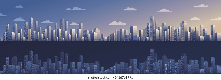 City buildings skyline modern architecture sunset and night cityscape background horizontal. Urban silhouette landscape of modern city. Panorama in flat style. Cityscape, vector illustration