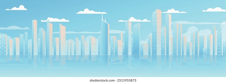 City buildings skyline modern architecture sunset and cityscape background horizontal. Urban silhouette landscape of modern city. Panorama in flat style. Cityscape, vector illustration