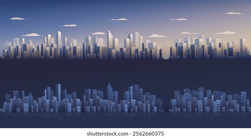 City buildings skyline modern architecture sunset and night cityscape background horizontal. Urban silhouette landscape of modern city. Panorama in flat style. Cityscape, vector illustration