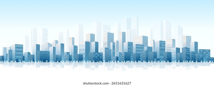 Edifícios da cidade horizonte arquitetura moderna paisagem urbana de fundo horizontal. Paisagem silhueta urbana da cidade moderna. Panorama em estilo plano. Paisagem urbana, ilustração vetorial