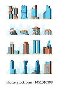 City buildings. Skyscraper street houses groceries village constructions vector 2d low poly game buildings. Illustration of building construction, modern office architectural