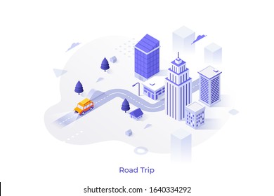 City buildings or skyscrapers and car riding along street, highway. Concept of road trip or adventure journey, automobile travel service, urban traffic. Modern colorful isometric vector illustration.