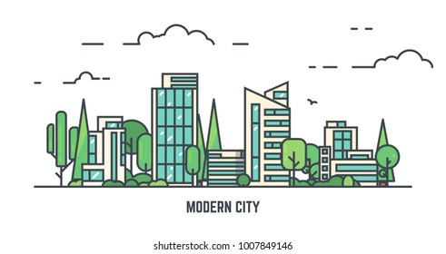 City with buildings and skyscrapers and trees. Flat style line vector illustration. Business city center with modern houses. Green park in center of town. Clouds and sky. Park and smart concept.