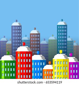 City buildings of spray paint. Aerosol cans like skyscrapers. Flat style vector illustration.