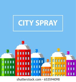 City buildings of spray paint banner. Aerosol cans like skyscrapers. Flat style vector illustration.