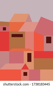 City buildings and their roofs, made in multi-colored geometric shapes.