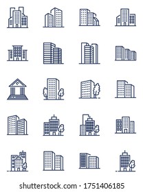 City buildings thin line icons set. Outline skyscrapers, residential apartments and hotels isolated vector illustration collection. Condominium and urban architecture concept