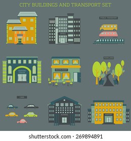 City buildings and transportation icons set. Vector illustration. Isolated elements for infographics