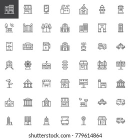 City buildings and transportation line icons set, outline vector symbol collection, linear style pictogram pack. Signs, logo illustration. Set includes icons as hospital building, hotel, factory, park