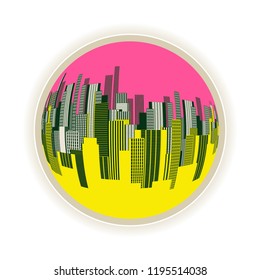 city buildings trapped in bubble graphic illustration in pop retro shades