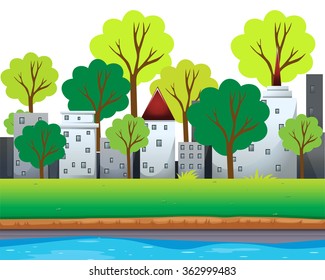 City buildings and trees along the river illustration