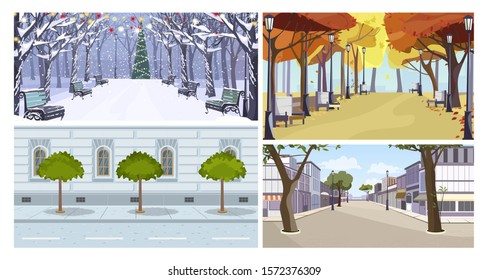 City buildings and trees flat vector illustration set. Street, shops, Christmas tree, park. Tourism and nature concept