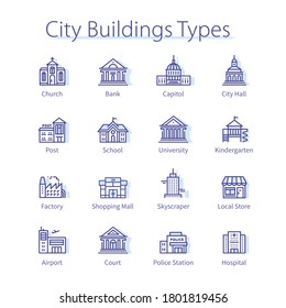 City buildings types concept. Government building, public bank, local school, hospital house, capitol, church, courthouse thin line icons set. Town architecture isolated linear vector illustrations