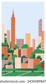 City buildings, urban poster. Cityscape, metropolis card. Skyscrapers, high multistorey buildings architecture and green trees in downtown, sky. Metropolitan postcard. Flat vector illustration