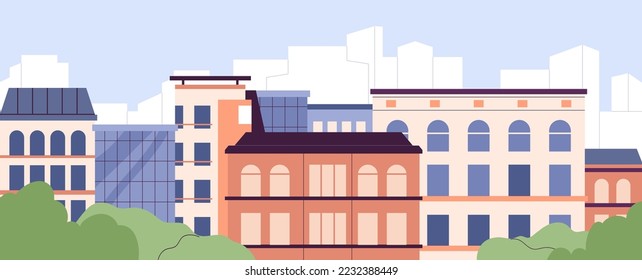 City buildings, urban street. Cityscape, real estate exterior. Houses architecture in town center. Residential and commercial property, realty, outdoor panorama scene. Flat vector illustration