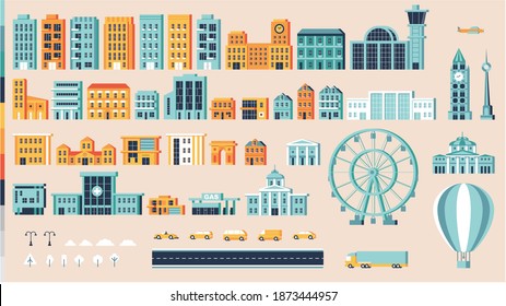 City buildings variation vector illustration. Houses, blocks, gas station, city hall, cars in the city and trees.