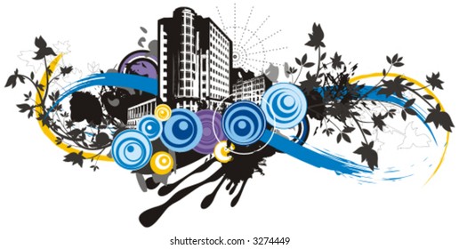 City buildings vector background with grunge and floral details. Check my portfolio for much more of this series as well as thousands of similar and other great vector items.