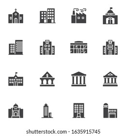 City buildings vector icons set, modern solid symbol collection, filled style pictogram pack. Signs, logo illustration. Set includes icons as bank building, courthouse, hospital,  school, skyscraper