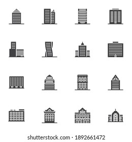 City buildings vector icons set, modern solid symbol collection, filled style pictogram pack. Signs, logo illustration. Set includes icons as real estate, residential building, skyscraper office, home