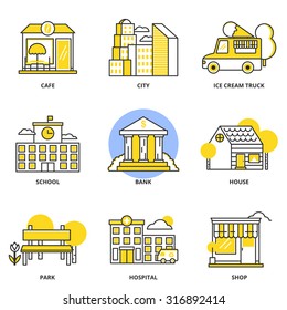 City and buildings vector icons set: cafe, city, ice cream truck, school, bank, house, park hospital, shop. Modern line style